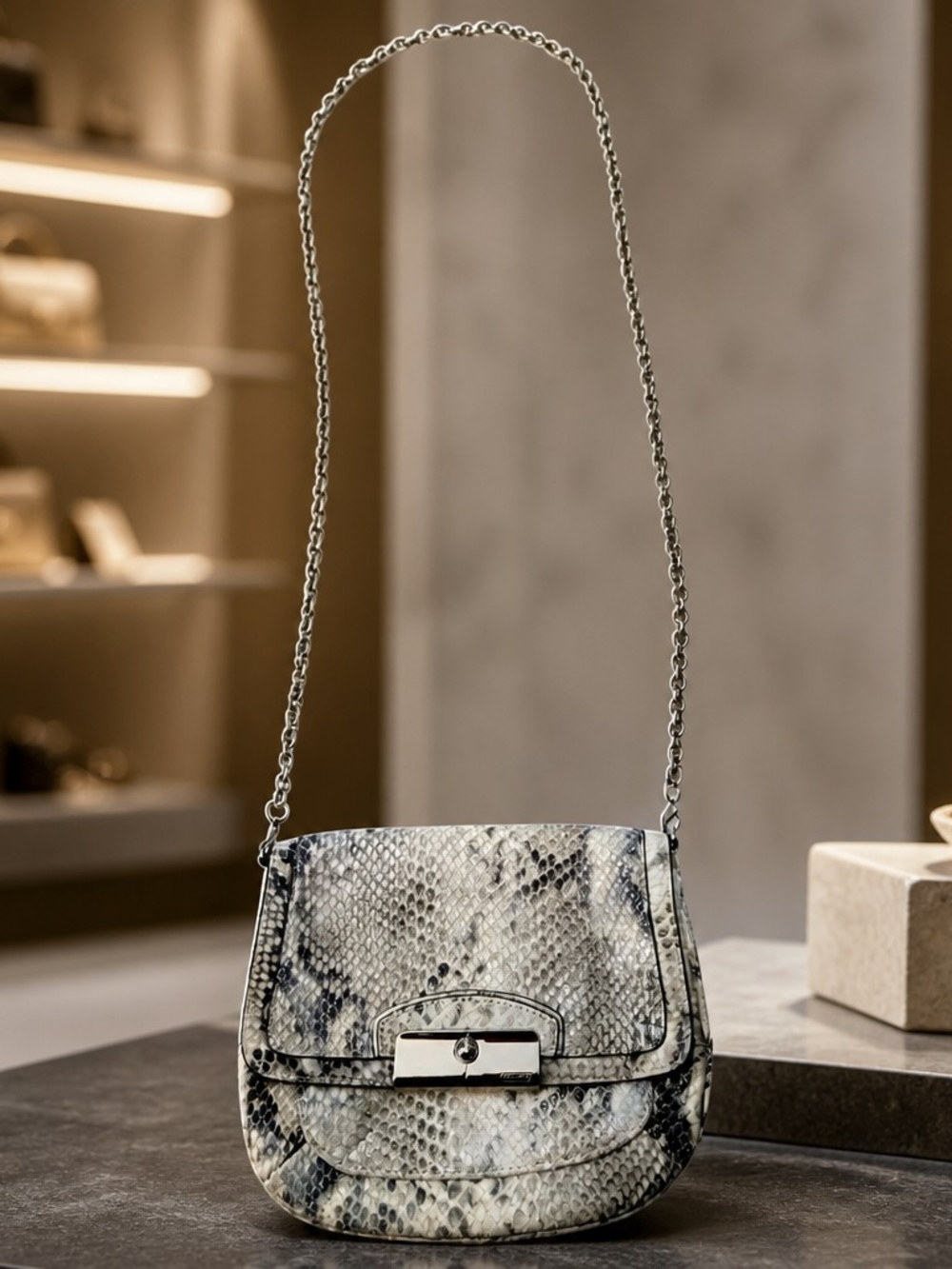 Coach Python-Texture Shoulder Bag in Gray and Cream